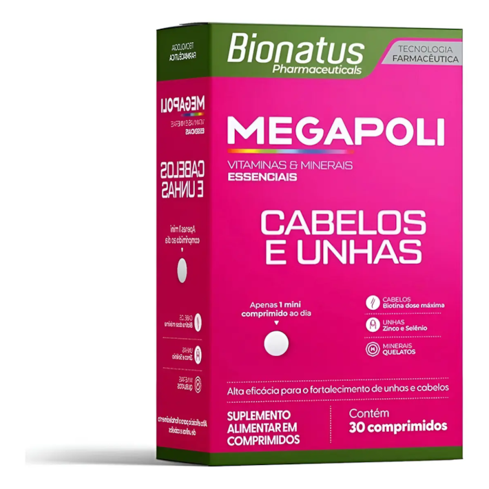 Megapoli Cabelos e Unhas Bionatus 30 Comprimidos – Biotina + Zinco + Selênio